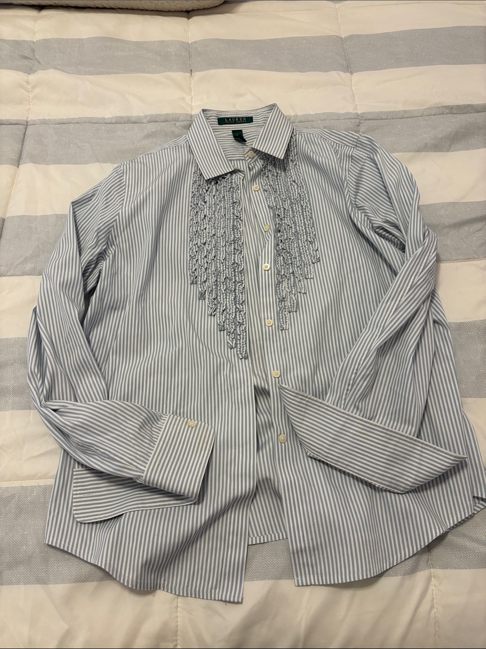 Ralph Lauren Light Blue and White Striped Embroidered Front Dress Shirt